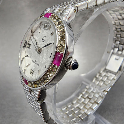 LZ Watch Women 25mm White Dial Silver Tone Ruby Bezel Diamonds Fine Plat New Bat2
