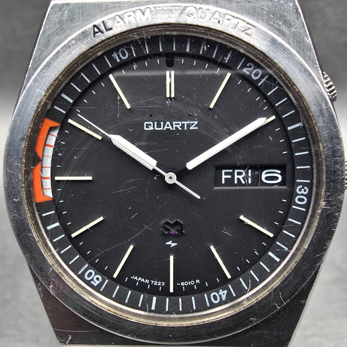 Seiko SQ Watch Men 35mm Black Dial Silver Tone Daydate Alarm 7223-6019 New Batt1