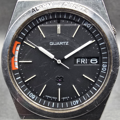 Seiko SQ Watch Men 35mm Black Dial Silver Tone Daydate Alarm 7223-6019 New Batt1