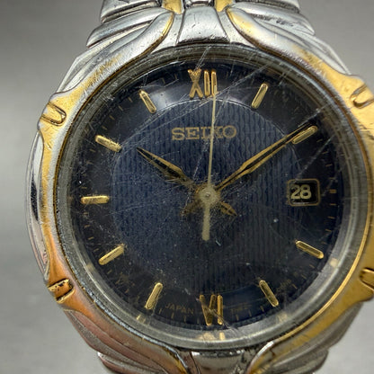 Seiko Watch Women 26mm Blue Dial Two Tone Date Round 7n82-0at0 New Battery VTG1