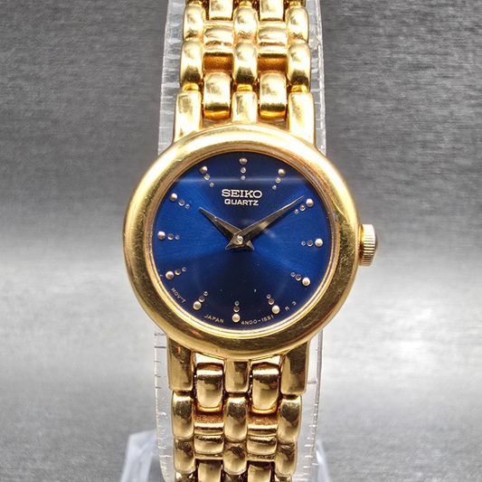 Seiko Watch Women 20mm Blue Dial Gold Tone Round 4N00-0408 New Battery Vintage0