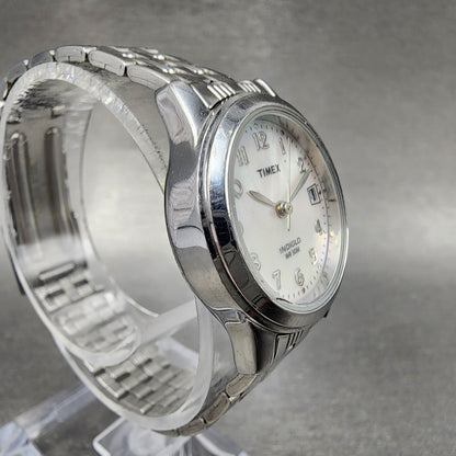 Timex Indiglo Watch Women 25mm MOP Dial Silver Tone Date Round New battery3