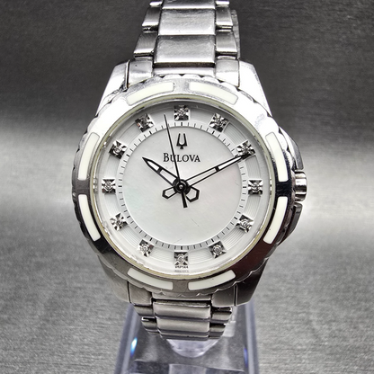 Bulova Watch Women 32mm MOP Dial Silver Tone Diamond Markers 96P144 New Battery0