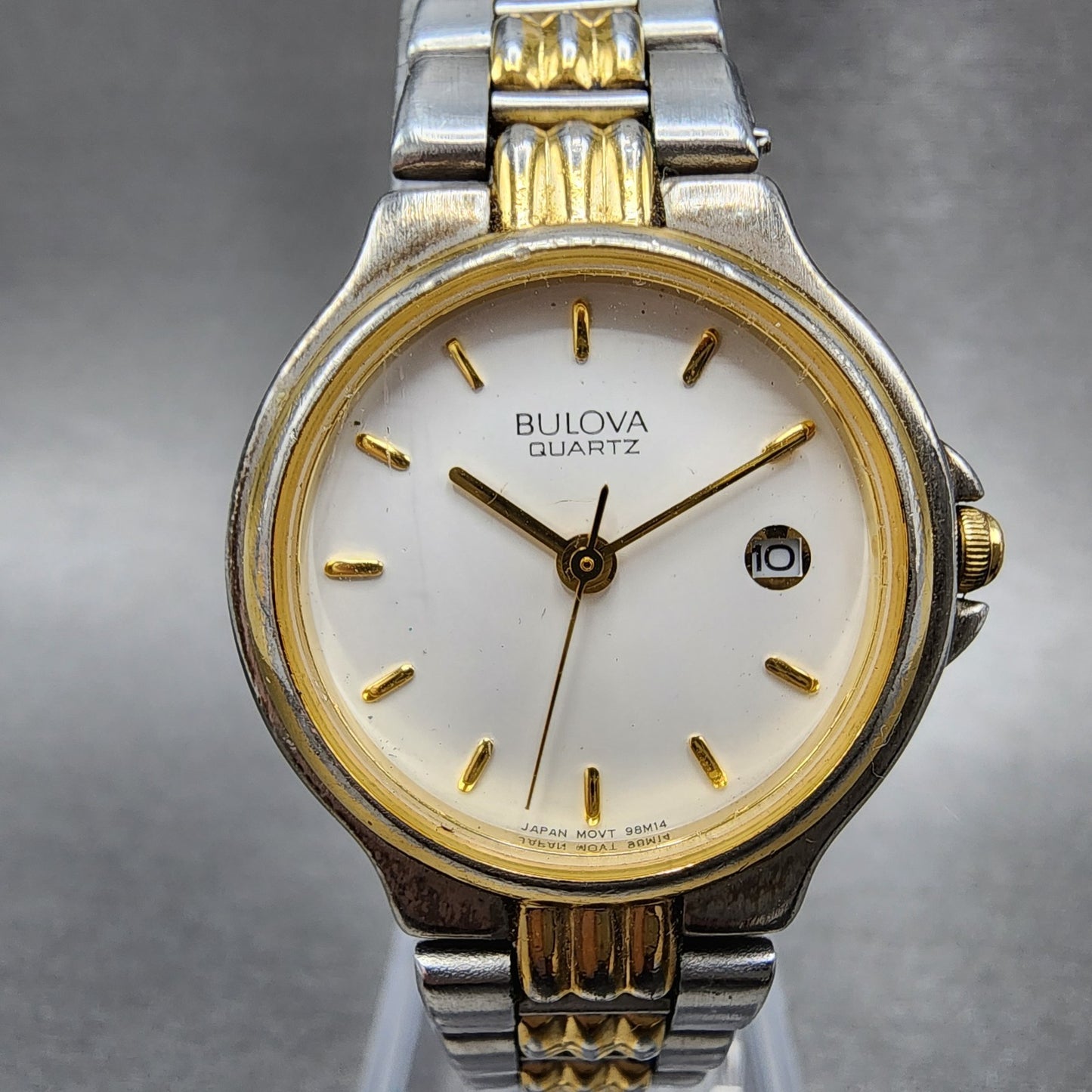 Bulova Watch Women 27mm White Dial Two Tone Date Round 98M14 New Battery0