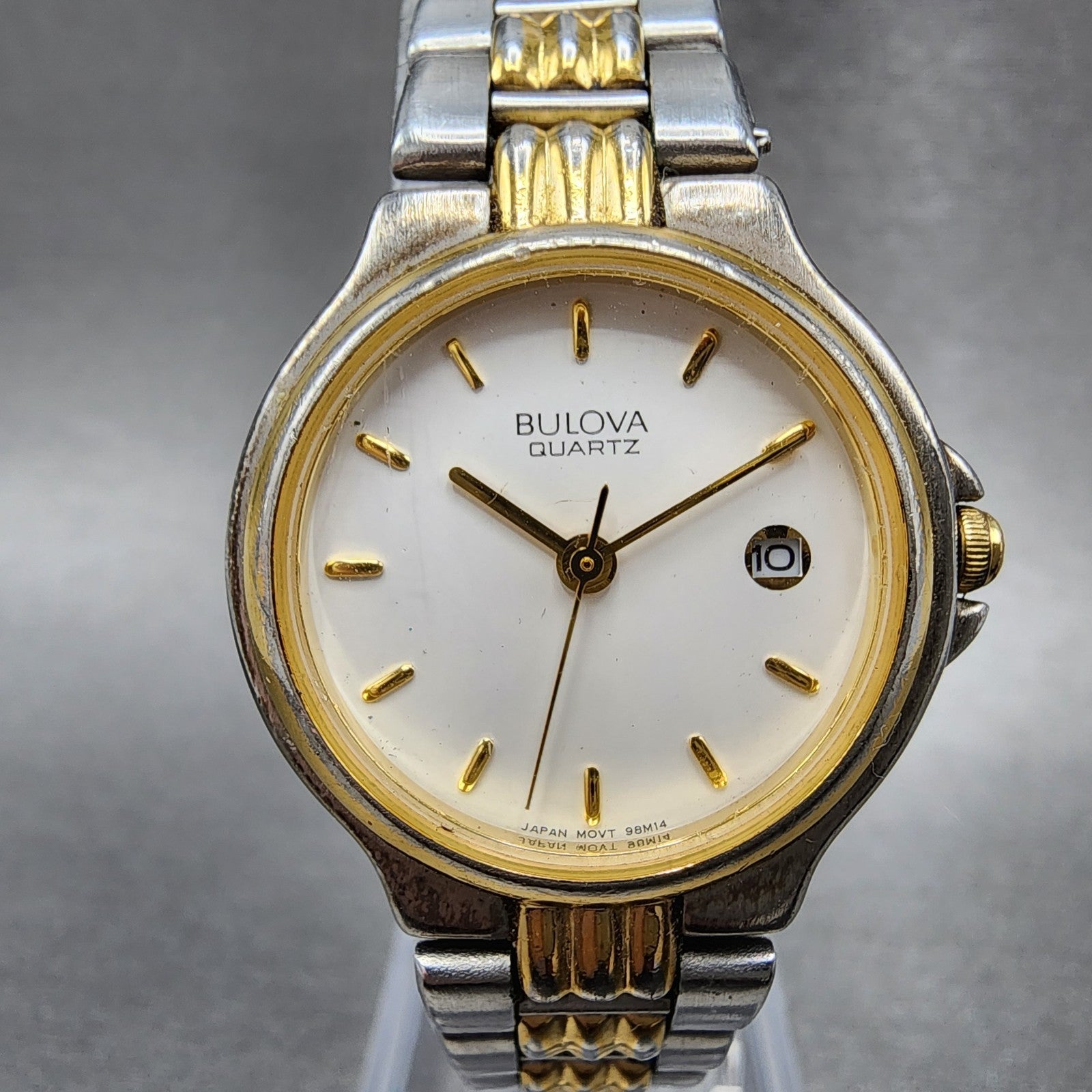 Bulova Watch Women 27mm White Dial Two Tone Date Round 98M14 New Battery0