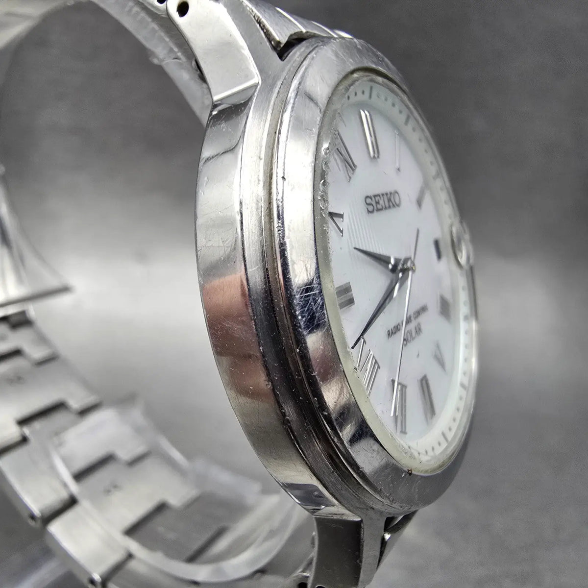 Seiko Solar Watch Men 38mm White Dial Silver Tone Date Atomic 7B52-0AG0 READ!!!!4