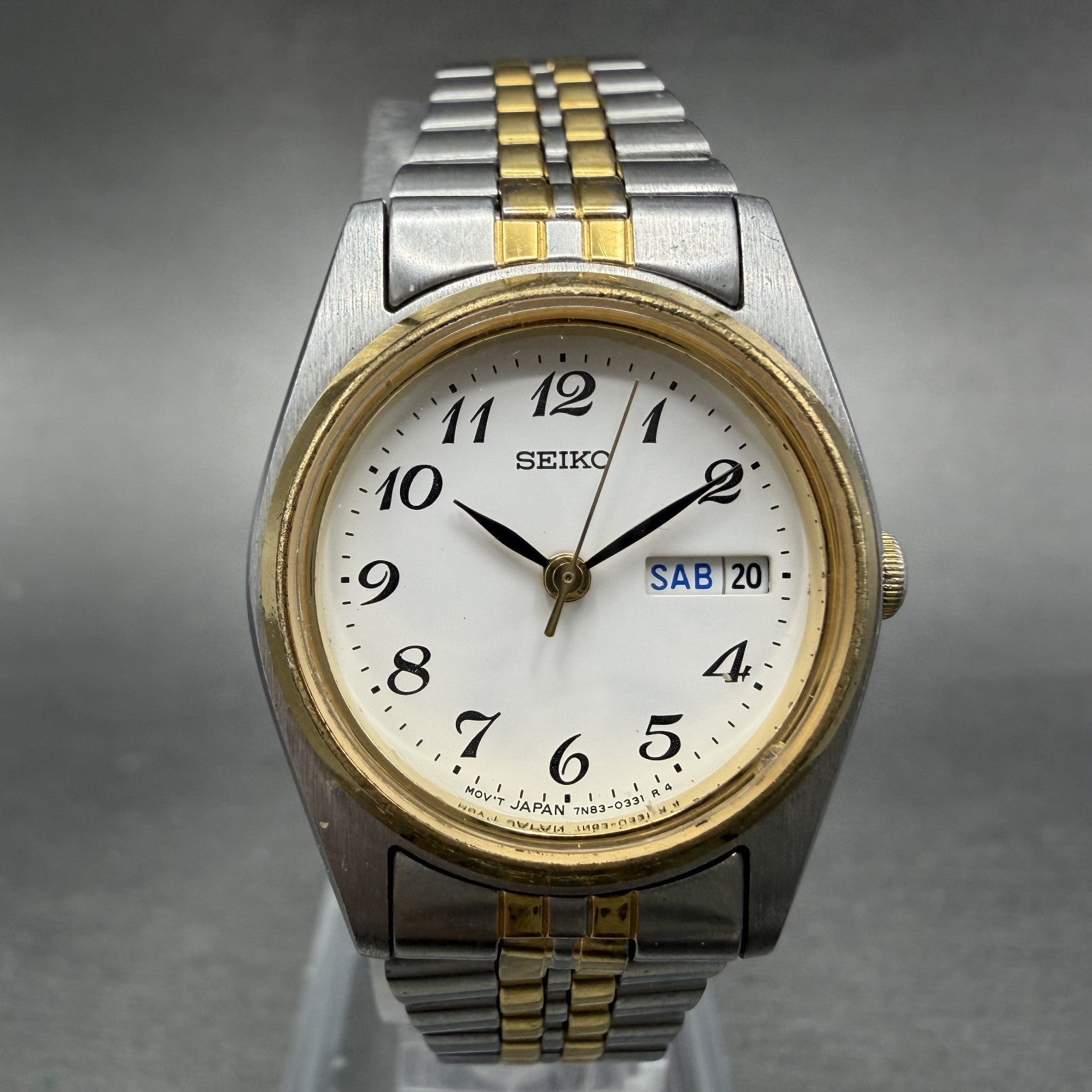 Seiko Watch Women 23mm White Dial Two Tone Daydate 7n83-0011 New Battery ABC9360