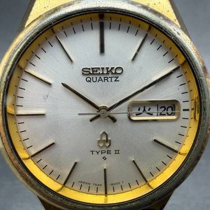 Seiko Type II Watch Men 35mm Silver Dial Gold Tone Daydate 7546-8000 New Battery1