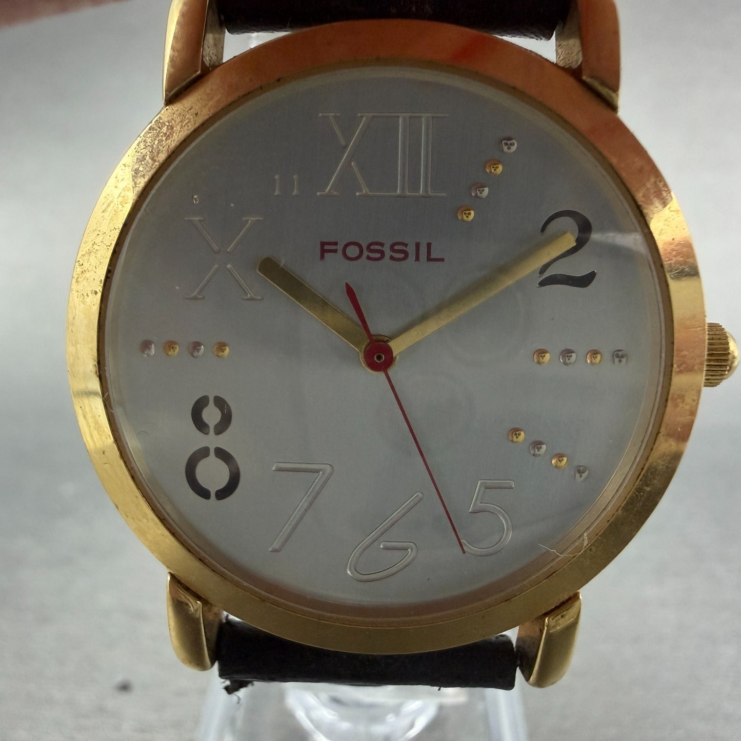 Fossil Watch Men 34mm Silver Dial Gold Tone Round JR-7504 Leather New Battery1