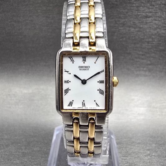 Seiko Tank Watch Women 17mm White Dial Two Tone Rectangle 4N00-F170 New Battery0