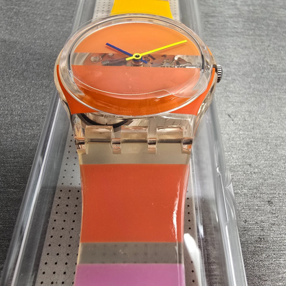 Swatch Orange Painted Time Watch Men 34mm Clear Case GK378 New Battery NOS6
