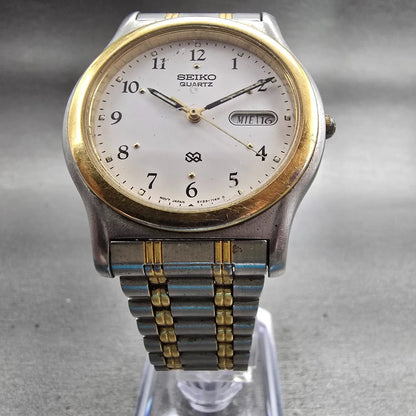 Seiko SQ Watch Men 35mm White Dial Two Tone Daydate Round 5Y23-7089 New Battery5