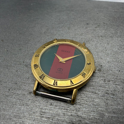 Gucci 3000L Watch Women 26mm Red Green Dial Gold Plated Round Leather New BattA57