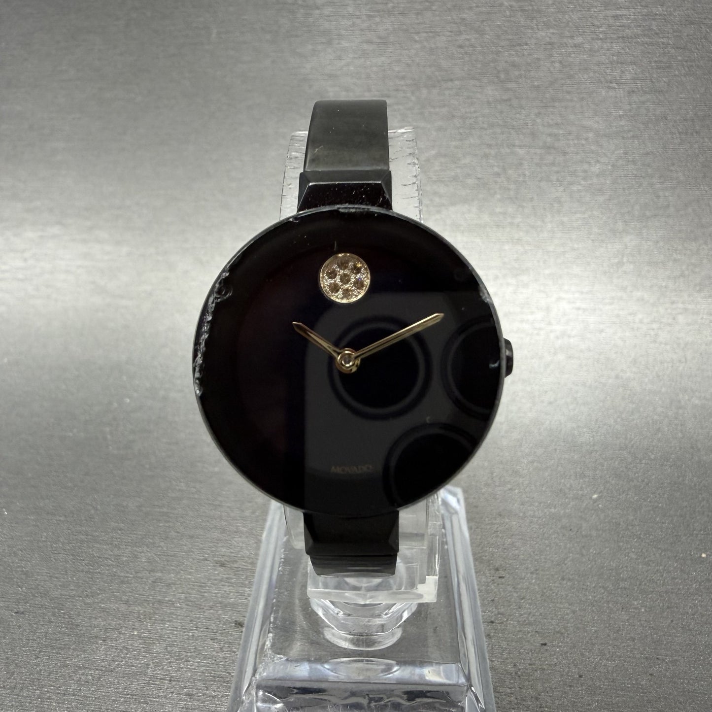Movado Bold Bangle Watch Women 28mm MOP Dial Black Tone Round 3600775 CHIPPED!!!1
