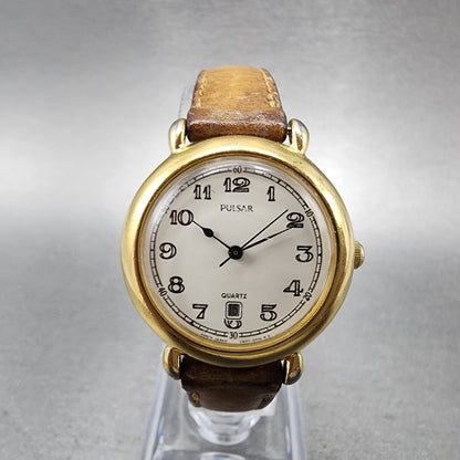 Pulsar Watch Women 29mm Cream Dial Gold Tone Date Round V821-0350 New Battery