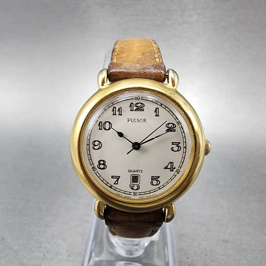 Pulsar Watch Women 29mm Cream Dial Gold Tone Date Round V821-0350 New Battery