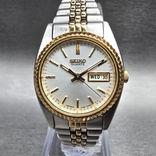 Seiko Watch Women 24mm Silver Dial Two Tone Daydate Round 7N83-0041 New Batt JP50