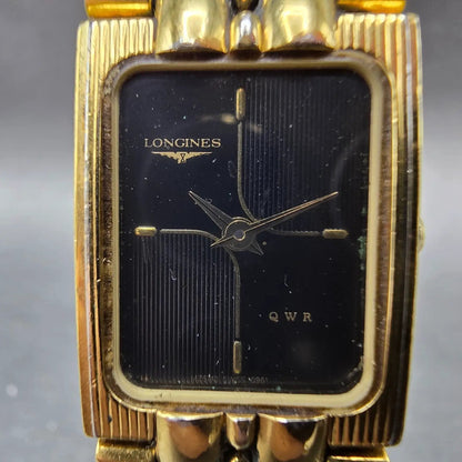 Longines QWR Tank Watch Women 17mm Black Dial Gold Rectangle New Battery VTG1