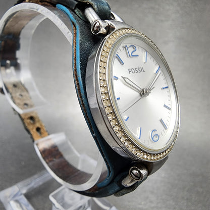 Fossil Georgia Watch Women 32mm Silver Dial Silver Tone Crystal Bezel New Batt