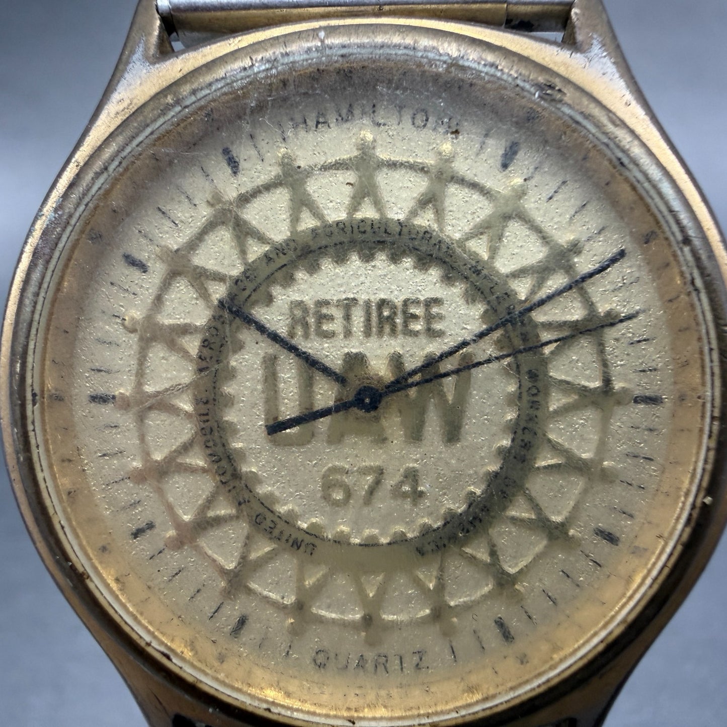 Hamilton Watch Men 34mm Gold Dial Gold Tone Round Retiree UAW 9812 New Battery1