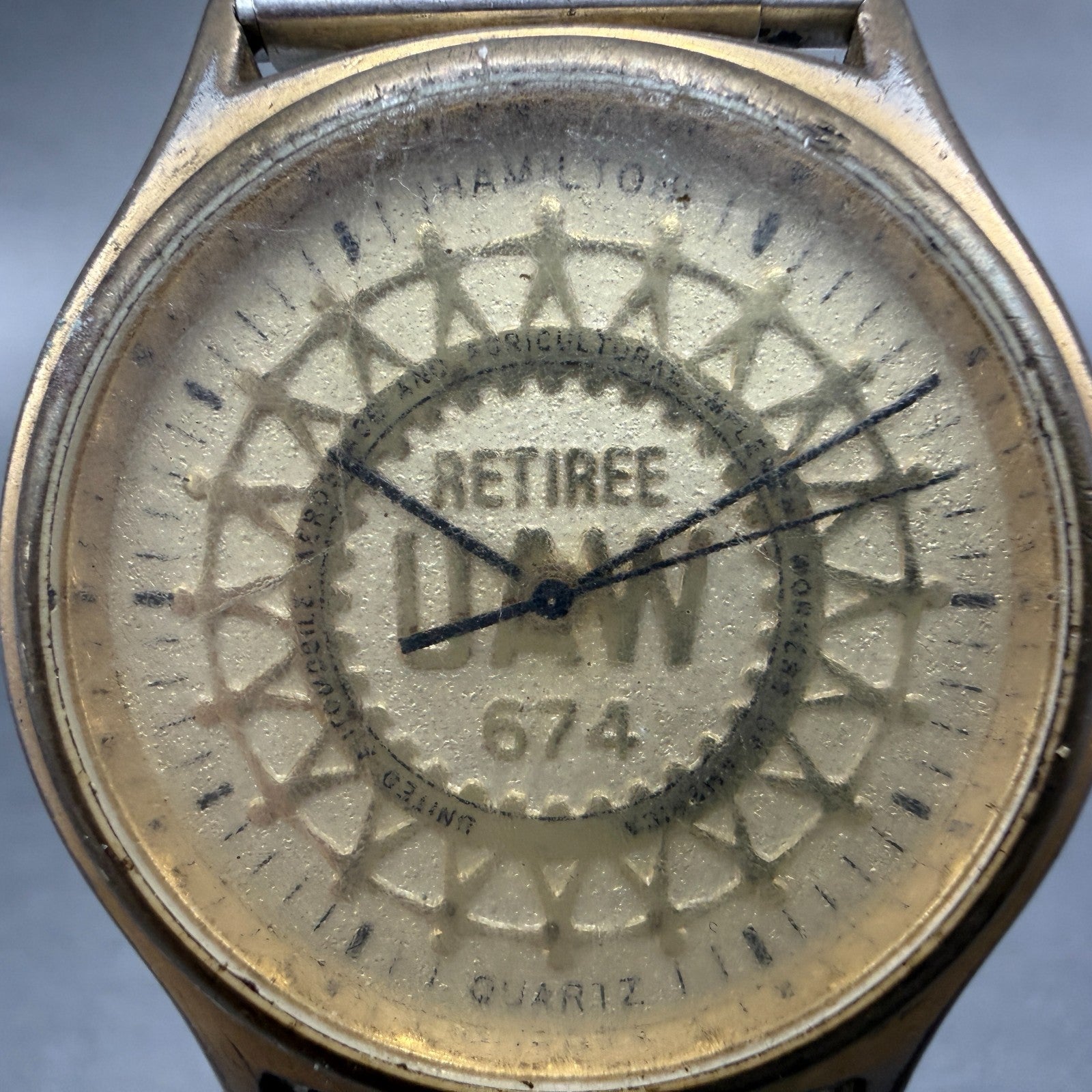 Hamilton Watch Men 34mm Gold Dial Gold Tone Round Retiree UAW 9812 New Battery1
