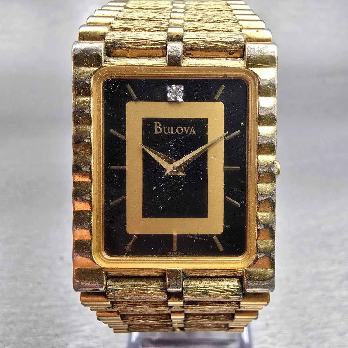 Bulova Watch Men 25mm Black Dial Gold Tone Diamond Rectangle 92M51 New Battery1