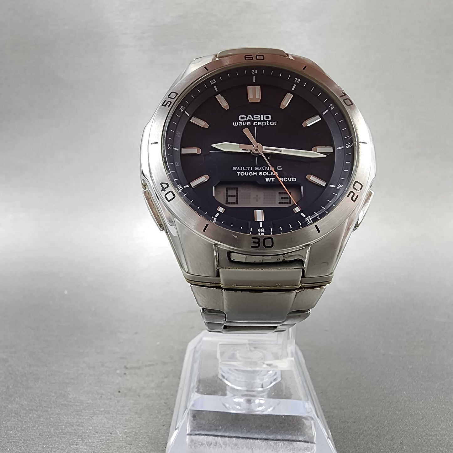 Casio Wave Ceptor Watch Men 42mm Blue Dial Steel Solar Analog Digital Works B125