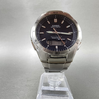 Casio Wave Ceptor Watch Men 42mm Blue Dial Steel Solar Analog Digital Works B125
