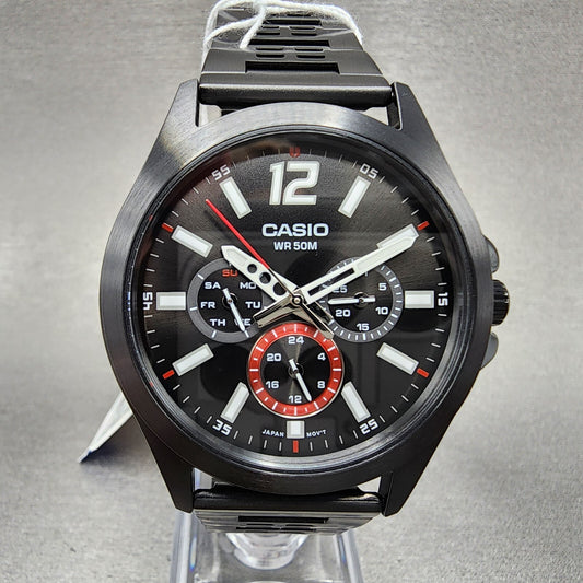 Casio MTP-E350 Watch Men 39mm Black Dial Black Steel Daydate Metal Bracelet
