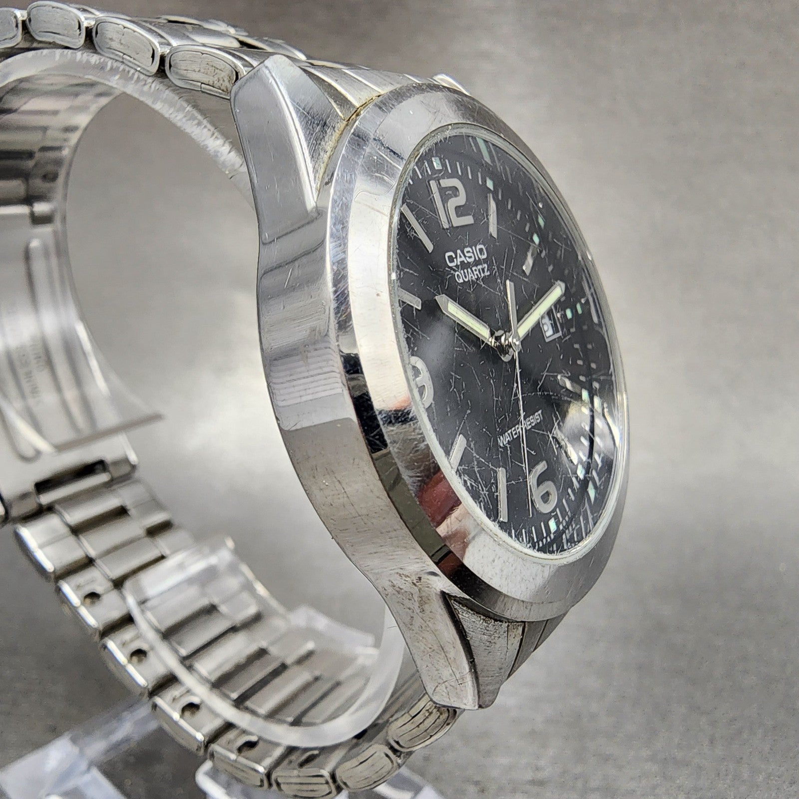 Casio Watch Men 37mm Black Dial Silver Tone Date Round MTP1215 New Battery3