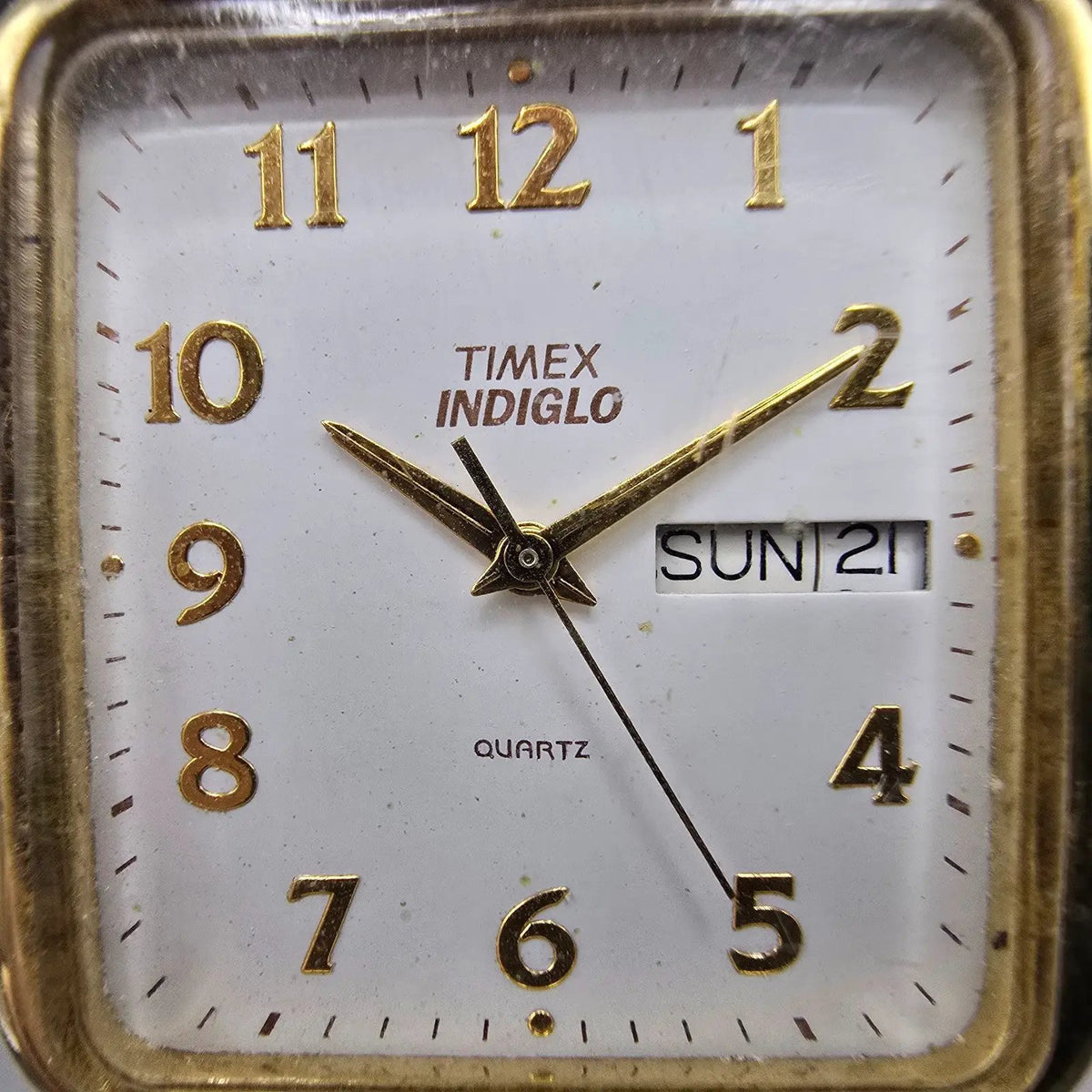 Timex Tank Watch Men 30mm White Dial Gold Rectangle Daydate Indiglo New Battery1