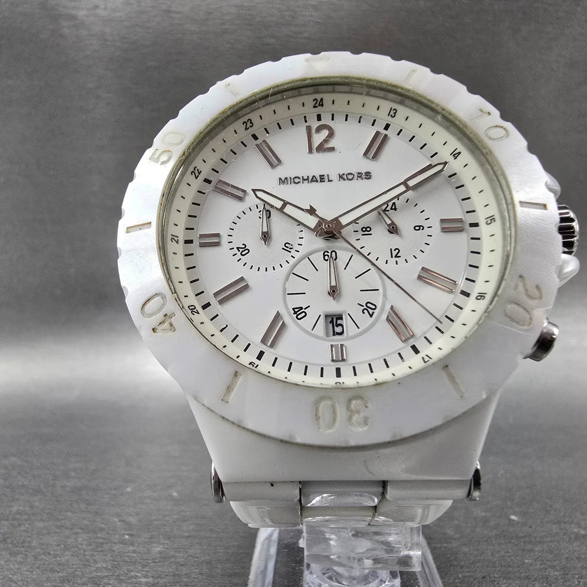 Michael Kors Dylan Watch Men 48mm White Dial White Ceramic Date MK8177 New Batt5