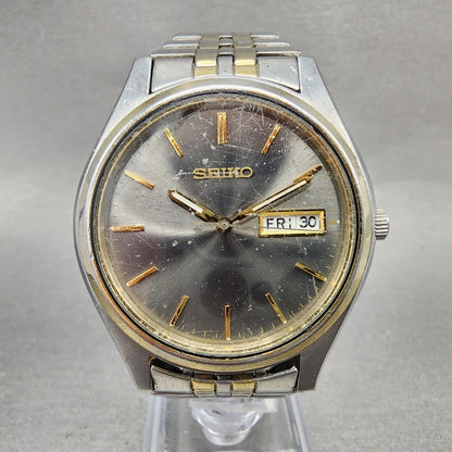 Seiko Watch Men 37mm Gray Dial Two Tone Daydate Round 7N439048 New Battery1