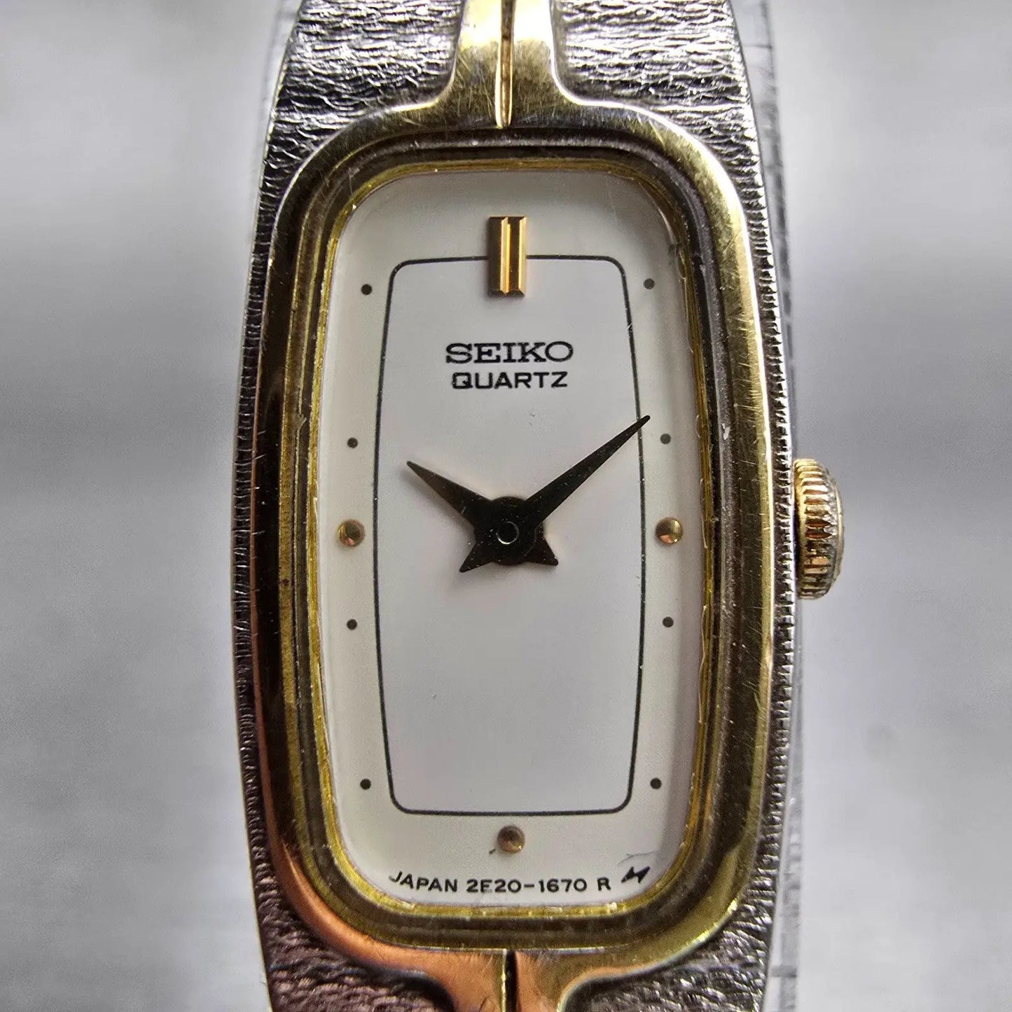 Seiko Watch Women 13mm White Dial Two Tone Rectangle 2E20-6319 New Battery VTG1