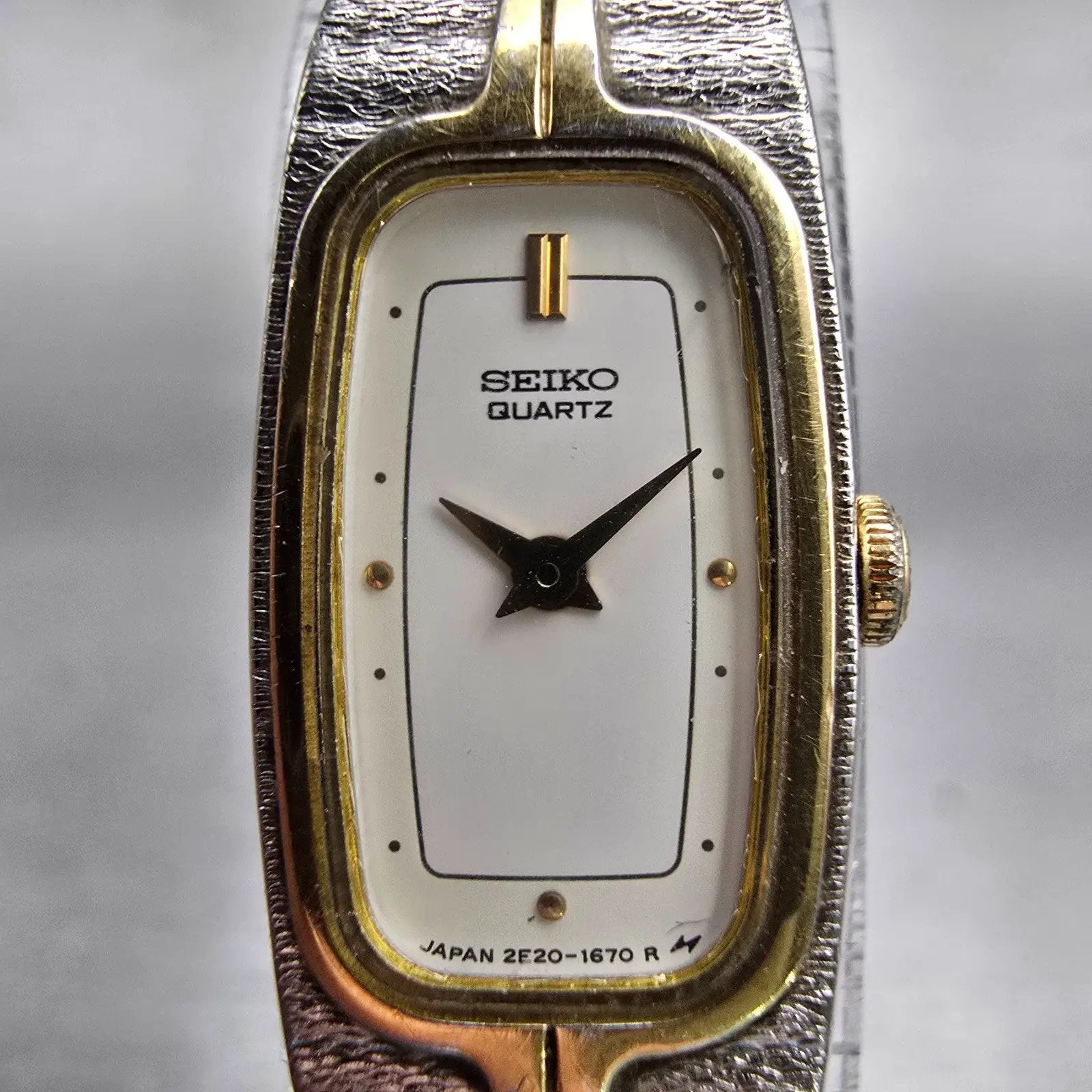 Seiko Watch Women 13mm White Dial Two Tone Rectangle 2E20-6319 New Battery VTG1
