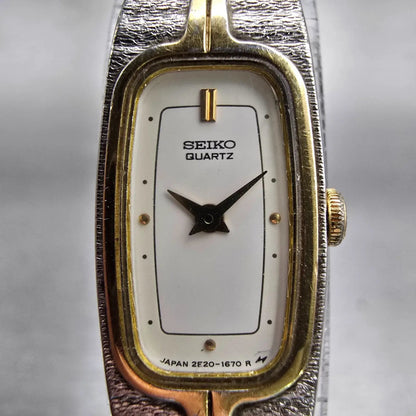 Seiko Watch Women 13mm White Dial Two Tone Rectangle 2E20-6319 New Battery VTG1