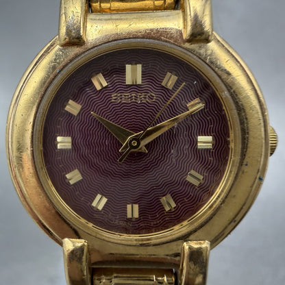 Seiko Watch Women 24mm Red Dial Gold Tone Round Vintage V701-1781 New Battery1