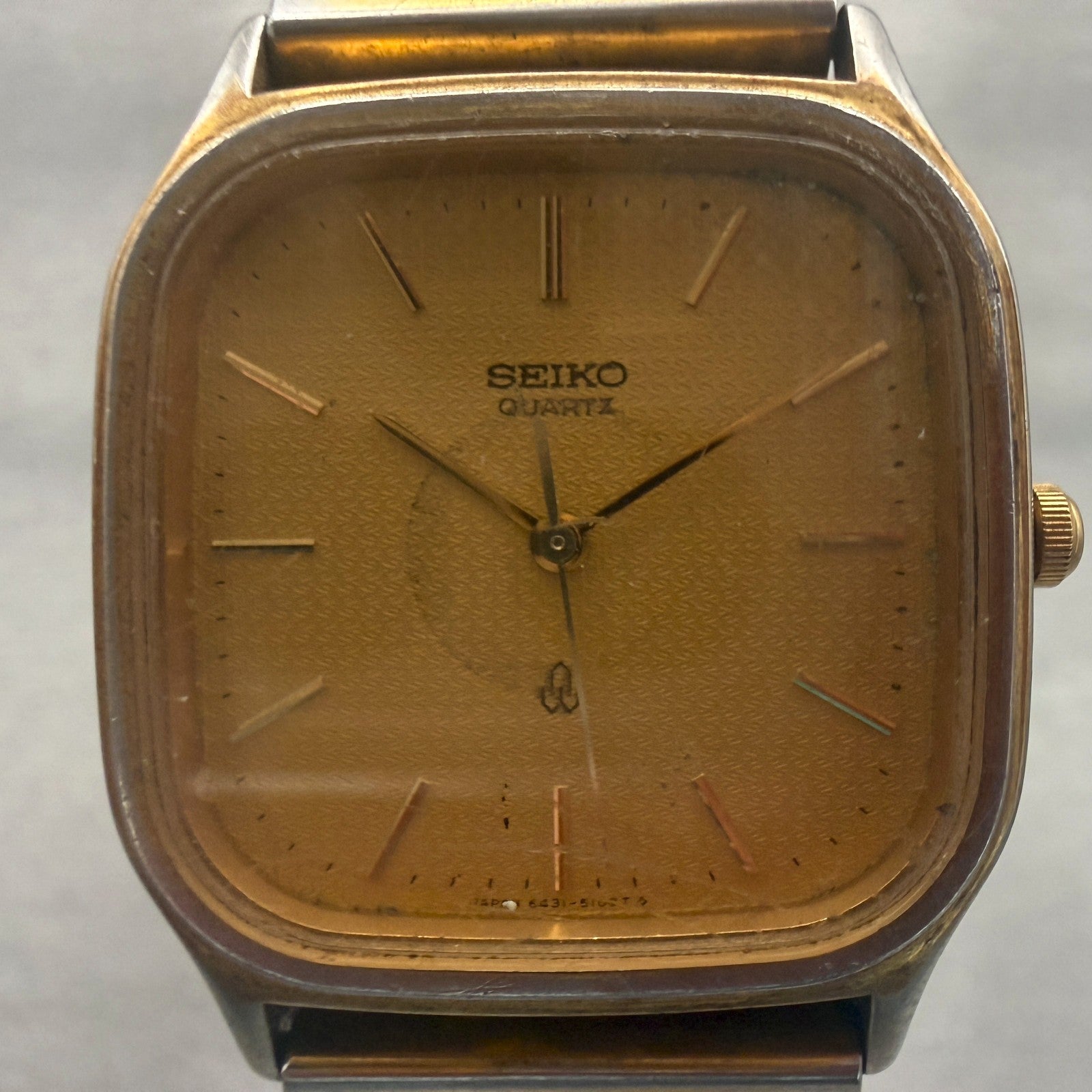 Seiko Watch Men 30mm Gold Dial Gold Tone Rectangle 6431-5050 New Battery1