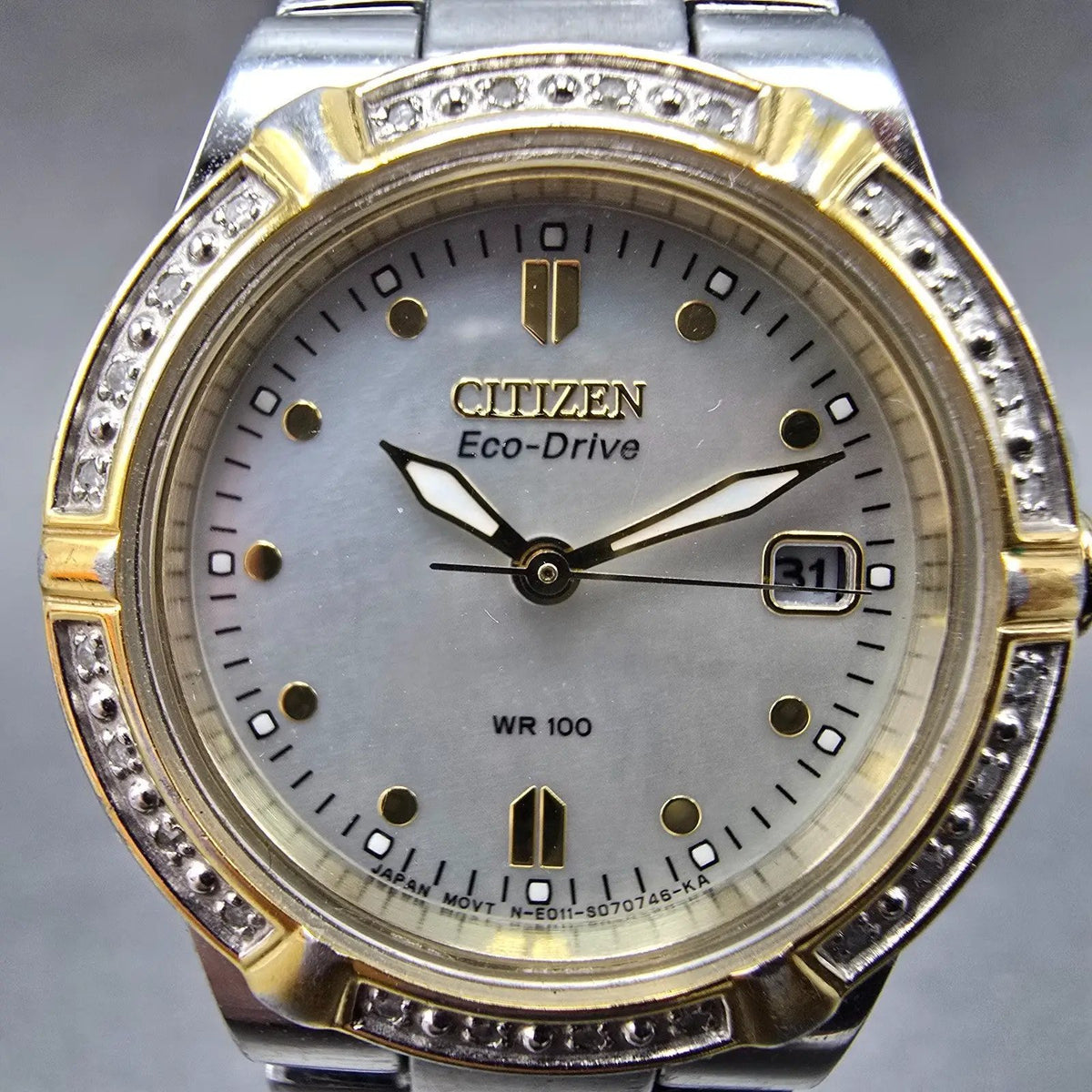 Citizen Eco-Drive Watch Women 27mm MOP Dial Two Tone Diamonds E011-S044235 Works2