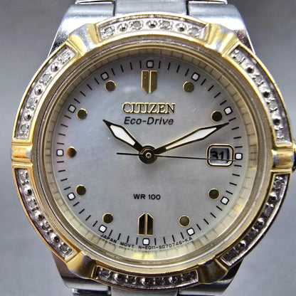 Citizen Eco-Drive Watch Women 27mm MOP Dial Two Tone Diamonds E011-S044235 Works2