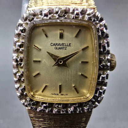 Bulova Caravelle Watch Women 17mm Champagne Gold Tone Recatngle 46L15 NewBattery1
