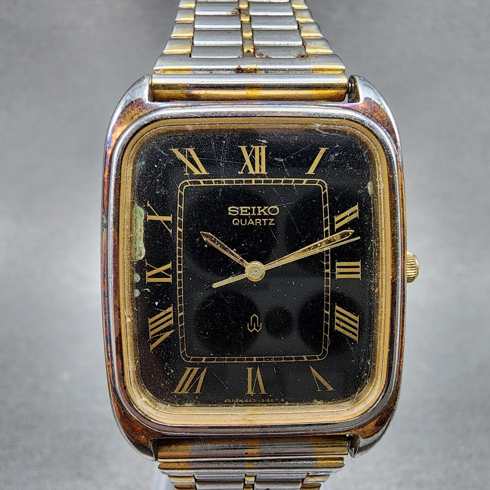 Seiko Tank Watch Men 28mm Black Dial Two Tone Rectangle 64315080 New Battery0