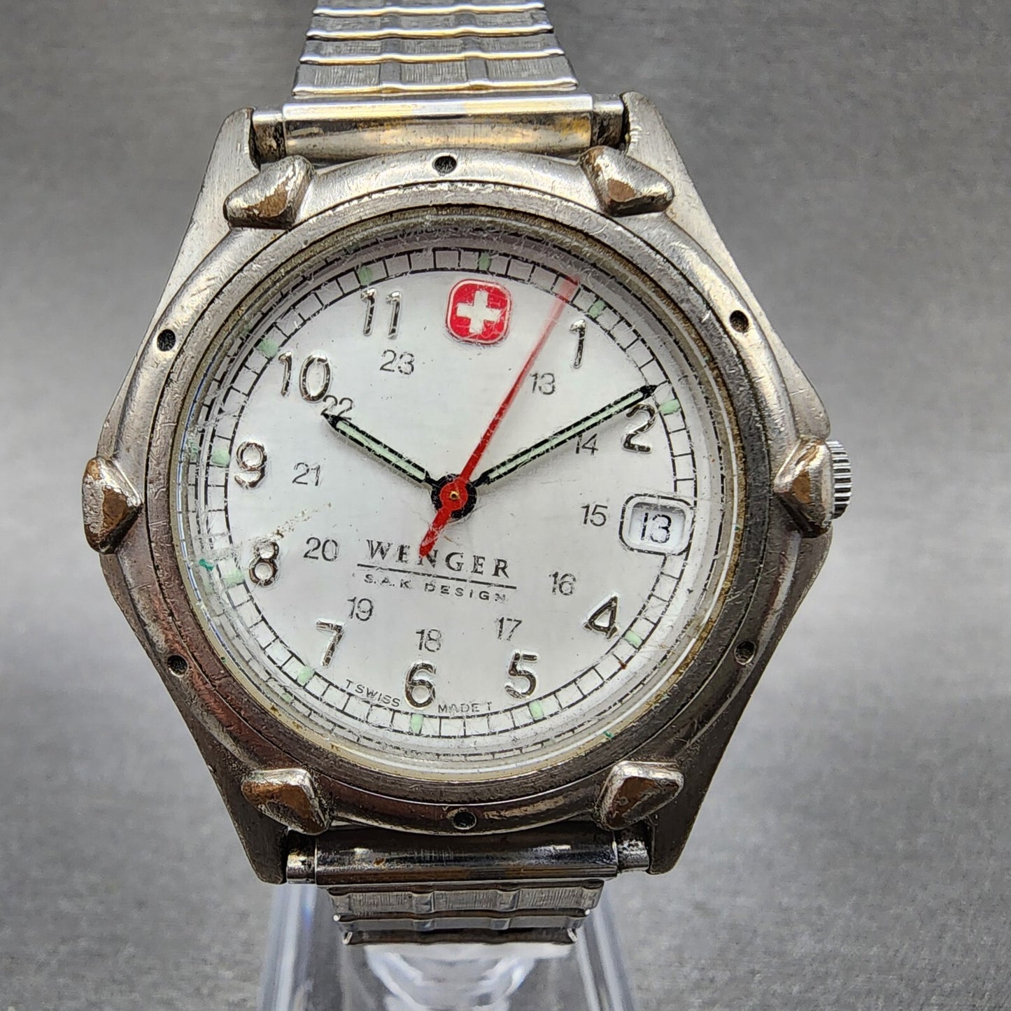 Wenger S.A.K Watch Men 36mm White Dial Silver Tone Date  New Battery READ!!!!