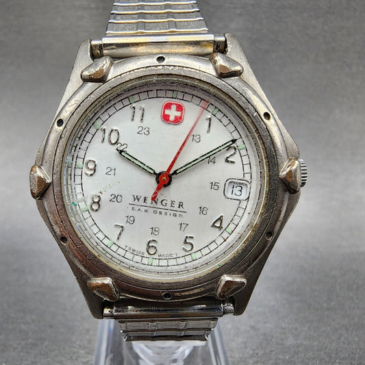 Wenger S.A.K Watch Men 36mm White Dial Silver Tone Date  New Battery READ!!!!