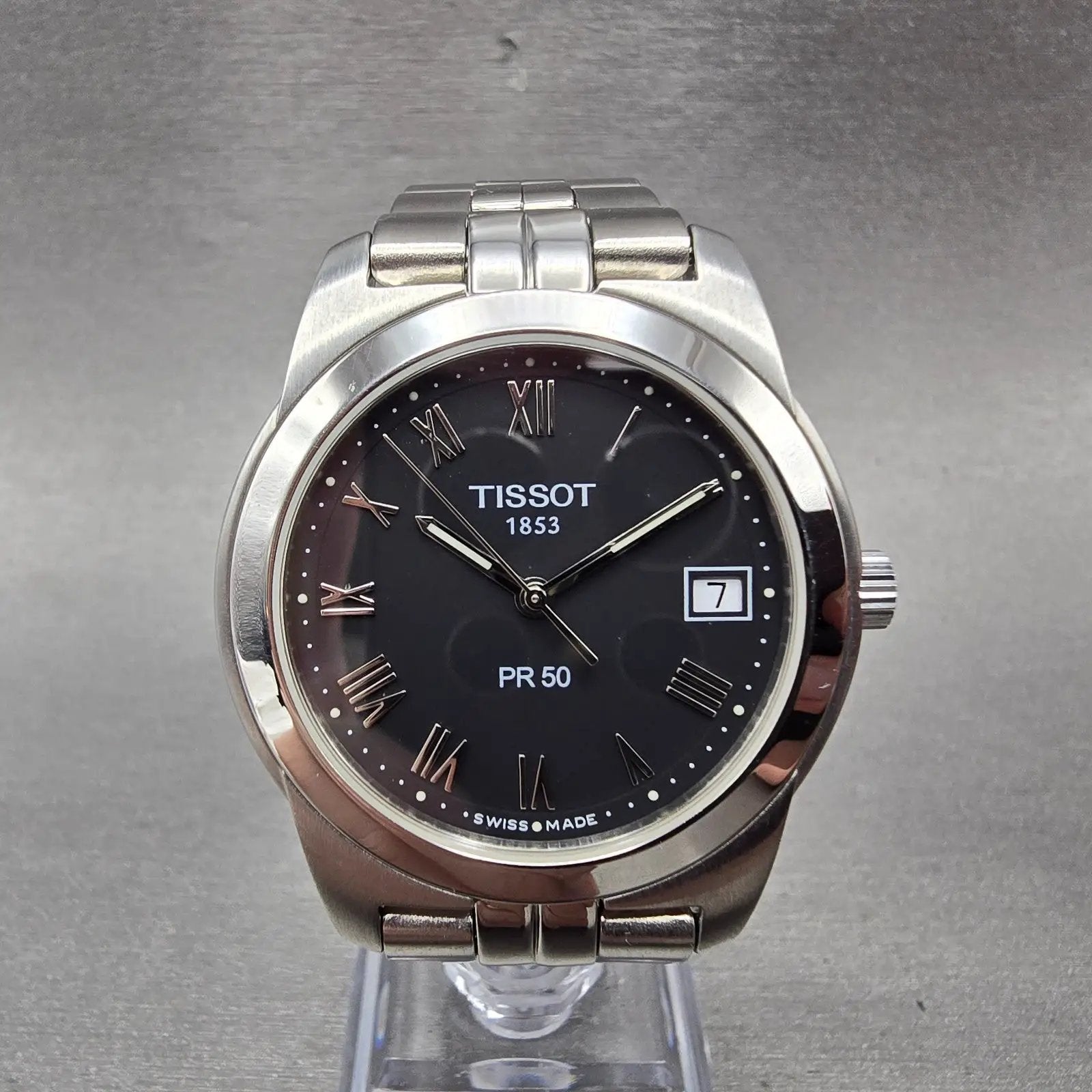 Tissot PR 50 Watch Men 36mm Black Dial Silver Tone Date J376/476 New Battery1