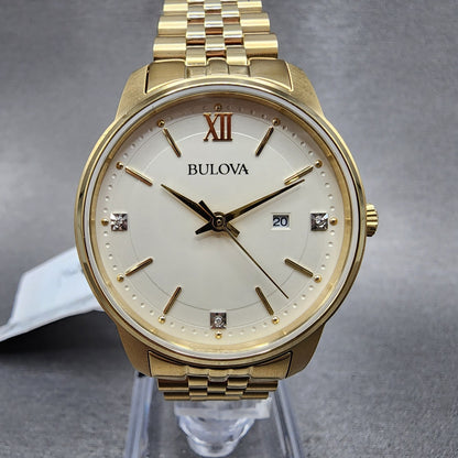Bulova Watch Women 32mm Cream Dial Gold Tone Date Round 97P155 New Battery0