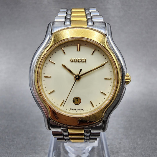 Gucci 8000L Watch Women 30mm Cream Dial Two Tone Date Round New Battery VTG0