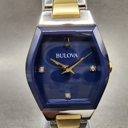 Bulova Gemini Watch Women 23mm Blue Dial Two Tone Tonneau 98P218 New Battery1