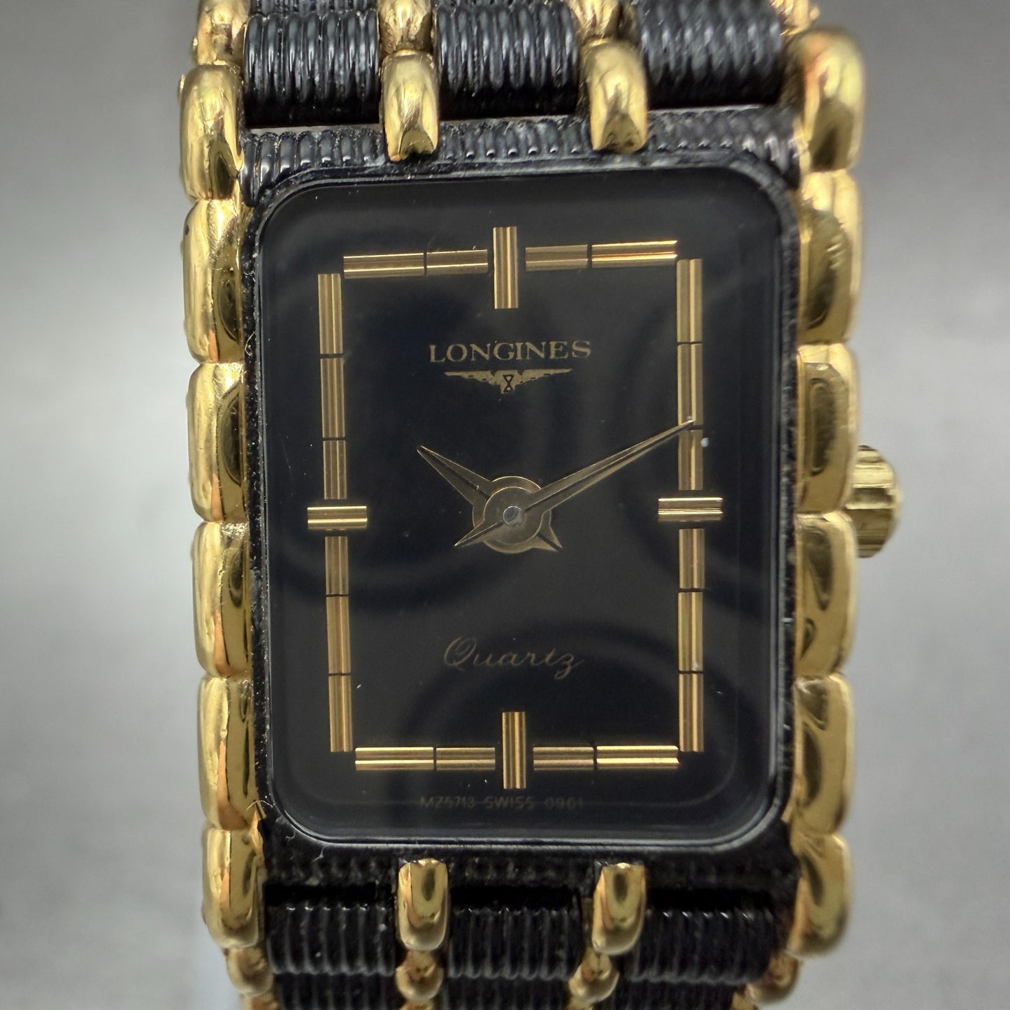 Longines Tank Watch Women 17mm Black Dial Black & Gold Tone 5724 New Battery1