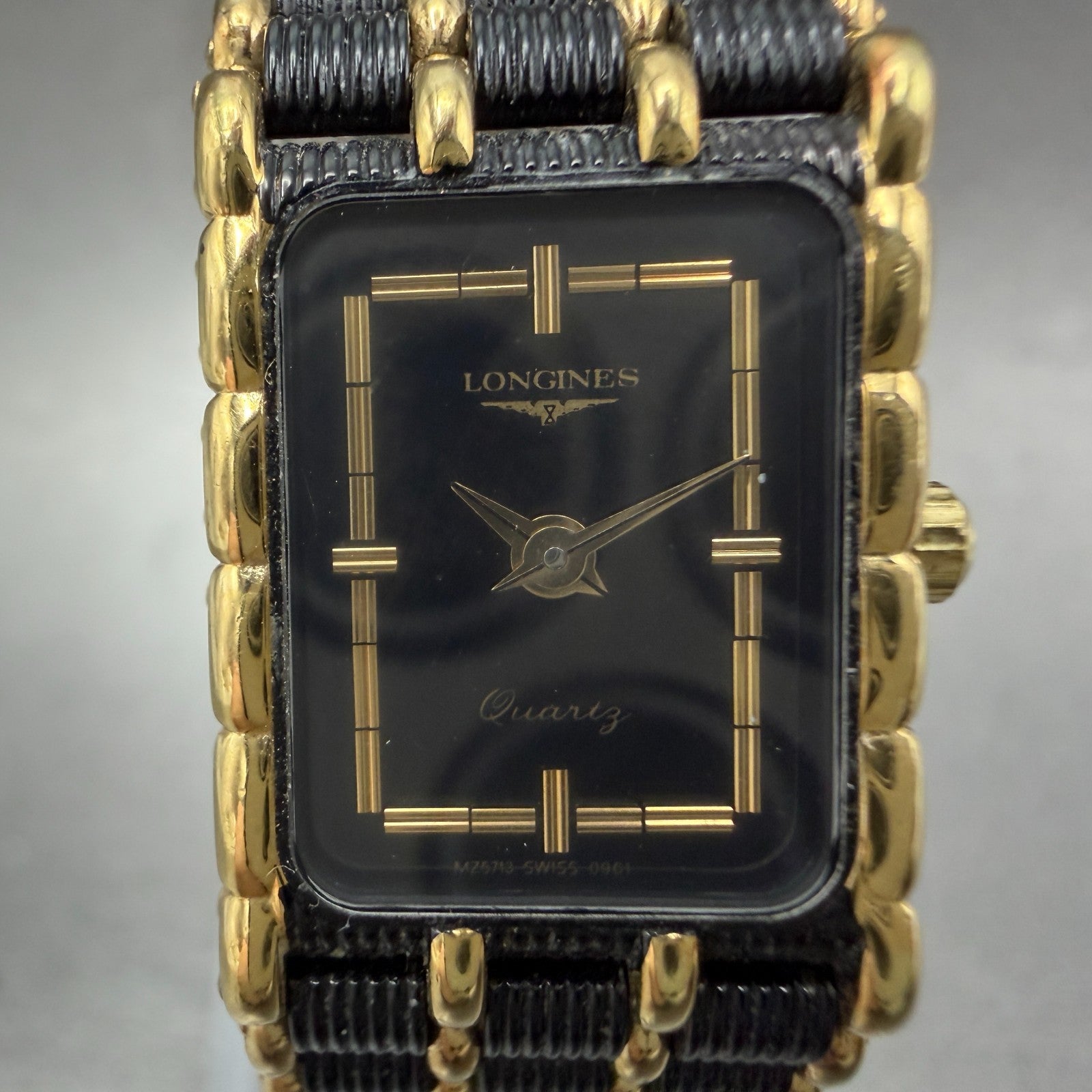 Longines Tank Watch Women 17mm Black Dial Black & Gold Tone 5724 New Battery1